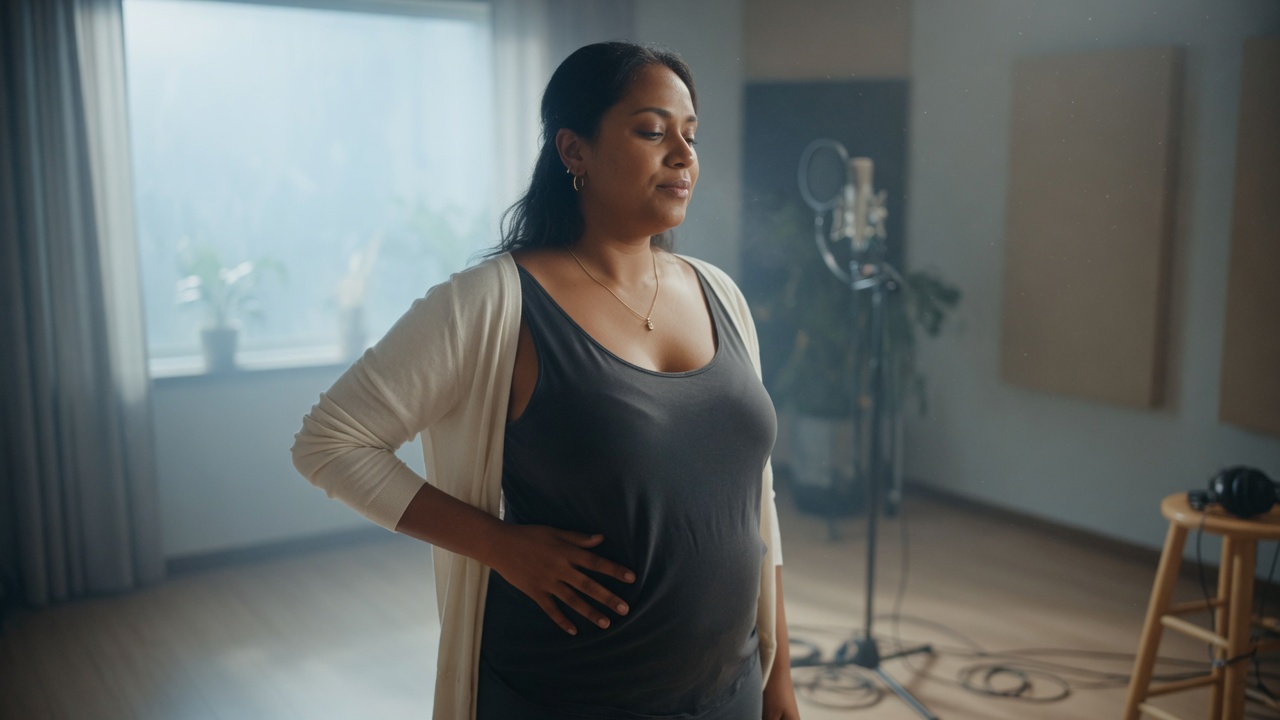 A singer standing relaxed in a quiet studio, one hand on the lower ribs, soft natural window light, slow visible breath movement, cinematic photographic style, shallow depth of field, no text or logos