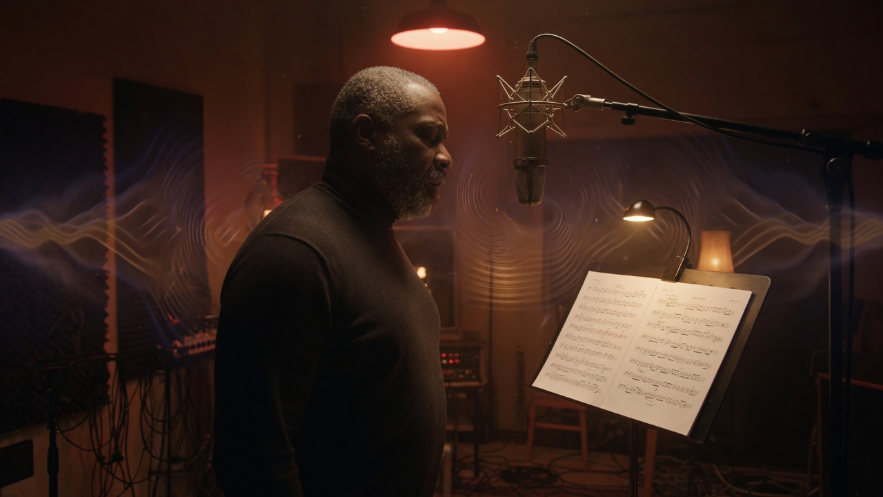 A bass singer in a quiet studio standing at a microphone, warm low lighting casting deep shadows, sheet music on a stand showing transposed lower key, subtle sound waves in the air, cinematic photographic style, no text or logos
