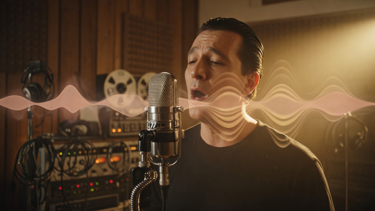 Un cantante en un estudio con micrófono vintage, ondas sonoras visibles suaves ondulando desde la boca, luz lateral dorada cálida, profundidad de campo baja, cinematográfico, fotográfico. Sin texto, letras ni logos en la imagen.