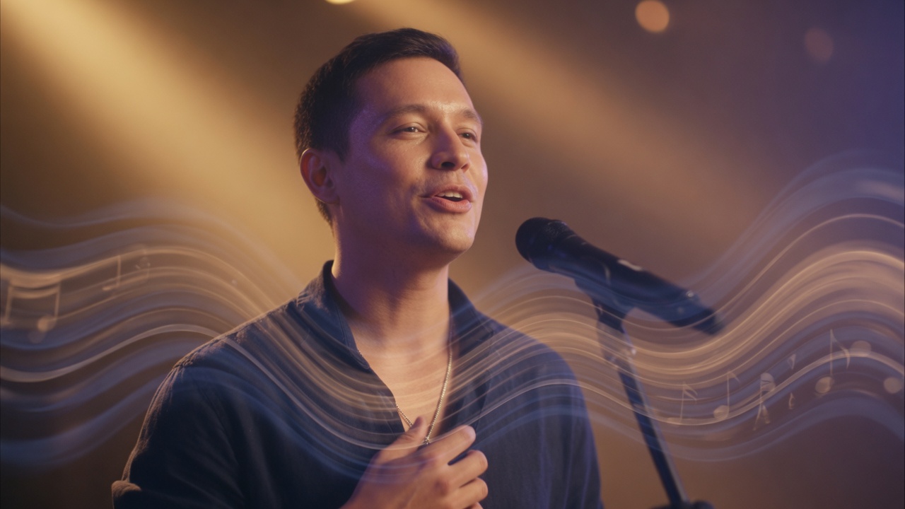 Un cantante sosteniendo una nota media con expresión relajada, ondas sonoras suaves expandiéndose desde el pecho hacia notas más bajas y medias, luz lateral cálida, profundidad de campo baja, estilo cinematográfico y fotográfico. Sin texto, letras ni logos en la imagen.
