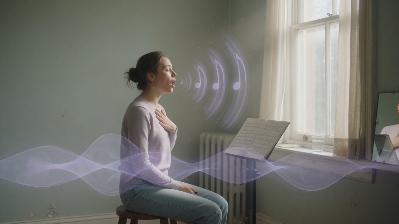 A singer practicing a three-note scale at the vocal bridge in a quiet room, soft natural light from a window, relaxed posture, subtle sound waves, cinematic photographic style, no text or logos