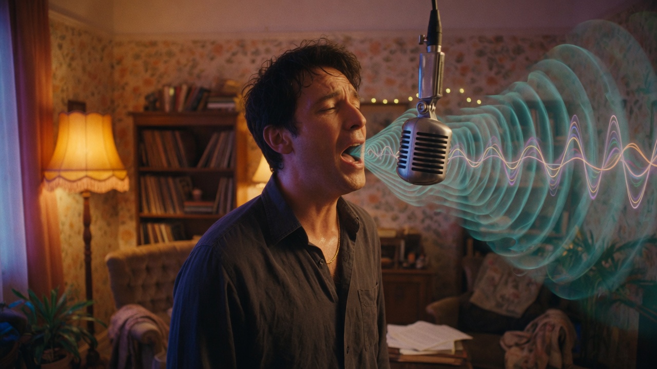Un cantante che prova in una stanza con microfono vintage e onde sonore visibili