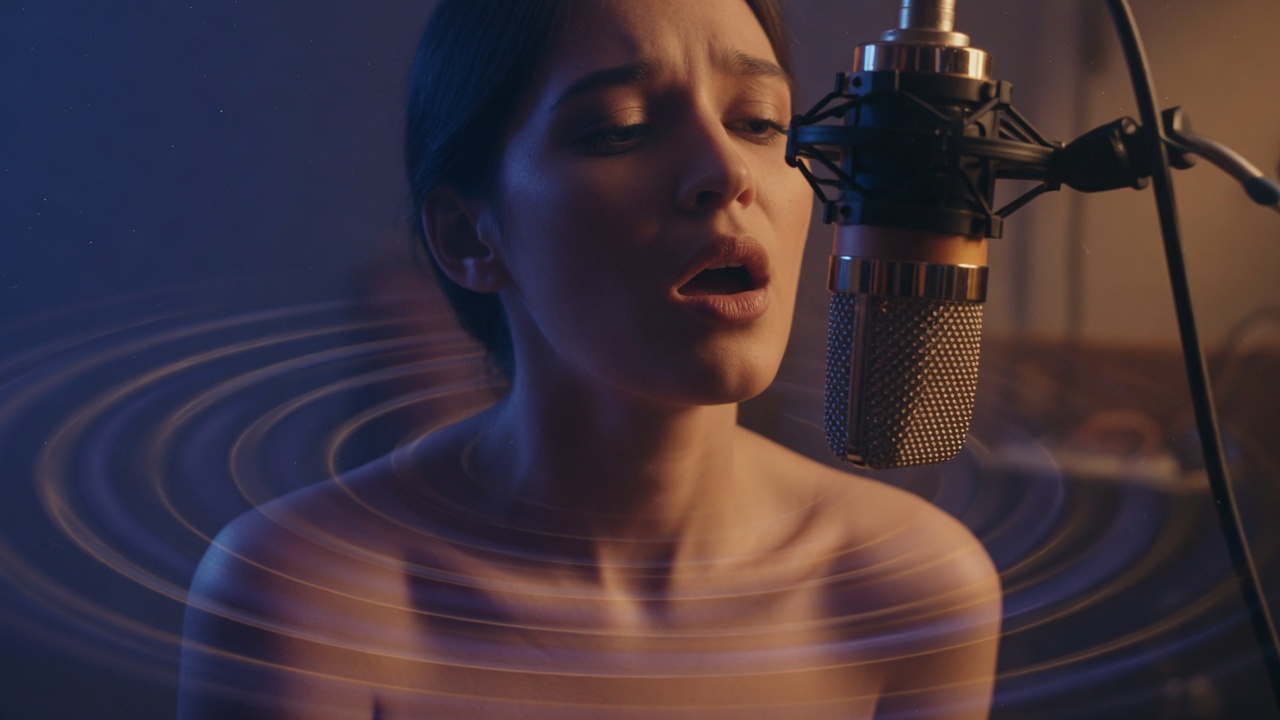 A singer leaning into a vintage microphone at the low end of a phrase, mouth relaxed, warm amber side-light, soft visible sound waves rippling low and slow, shallow depth of field, cinematic photographic close-up of vocal fry and low-range singing