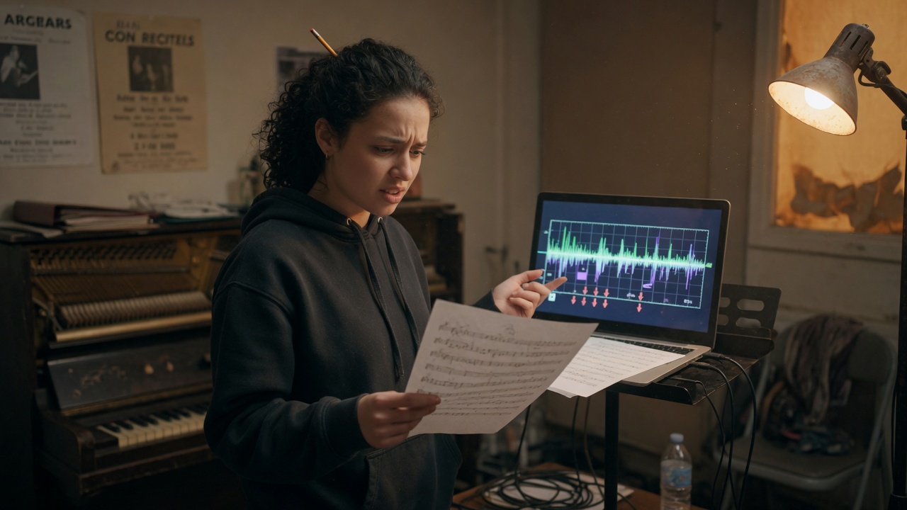 A singer checking real-time pitch feedback on a screen in a practice room